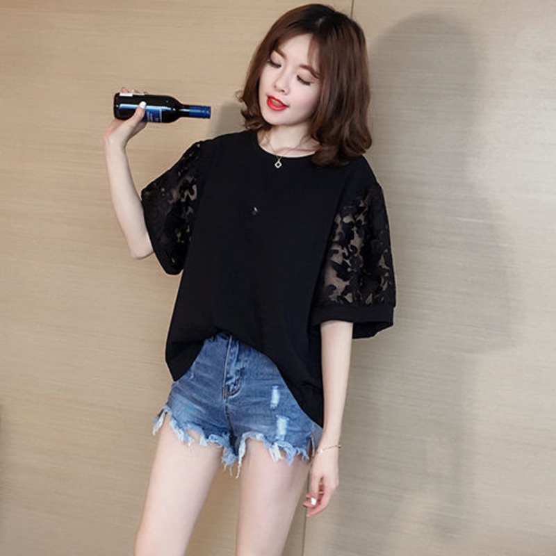 Áo Thun Tay Ngắn Phối Lưới Thời Trang Cho Nữ 164598 Áo Thun Cổ Tròn Dáng Rộng Trẻ Trung Hợp Thời Trang