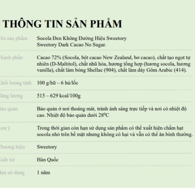 Socola đen không đường Dark Cacao hủ 100g