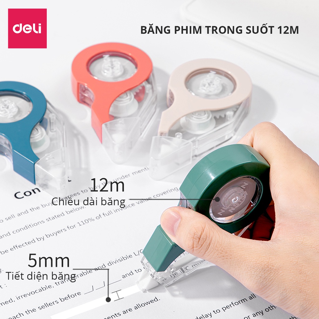 Bút xóa băng cao cấp Deli - Kích thước 12mx5mm - Băng kéo dạng film cao cấp - Trắng/Đỏ/Xanh dương/Xanh lá - NS157