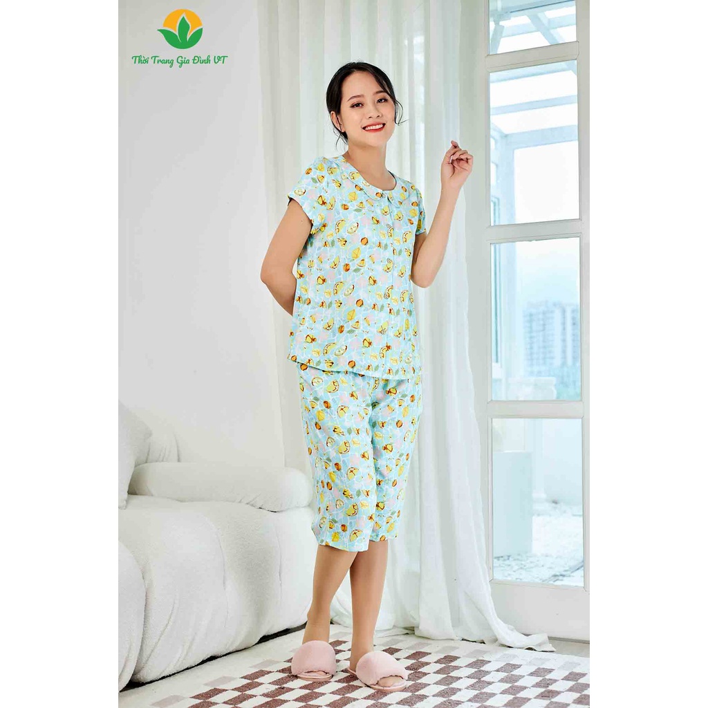 Bộ mặc nhà lanh Việt Thắng, quần lửng, áo cộc tay nữ - B06.2205