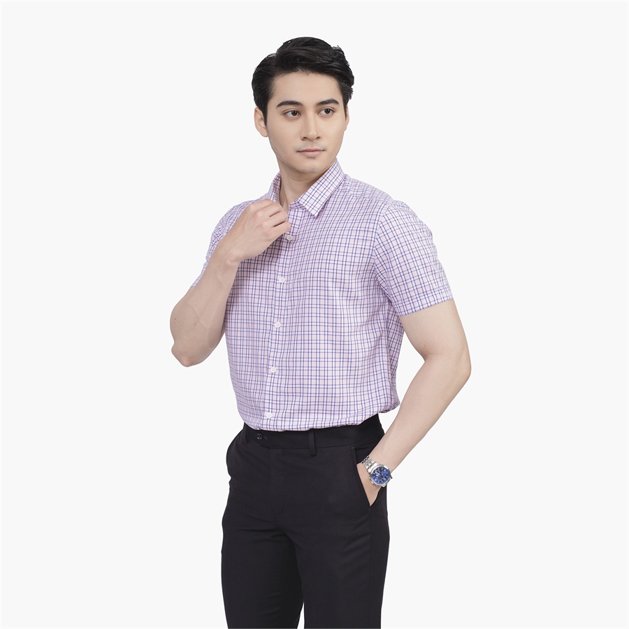 Áo sơ mi nam ngắn tay ARISTINO phom Slim fit, họa tiết kẻ caro hồng trẻ trung, năng động - ASS212S2