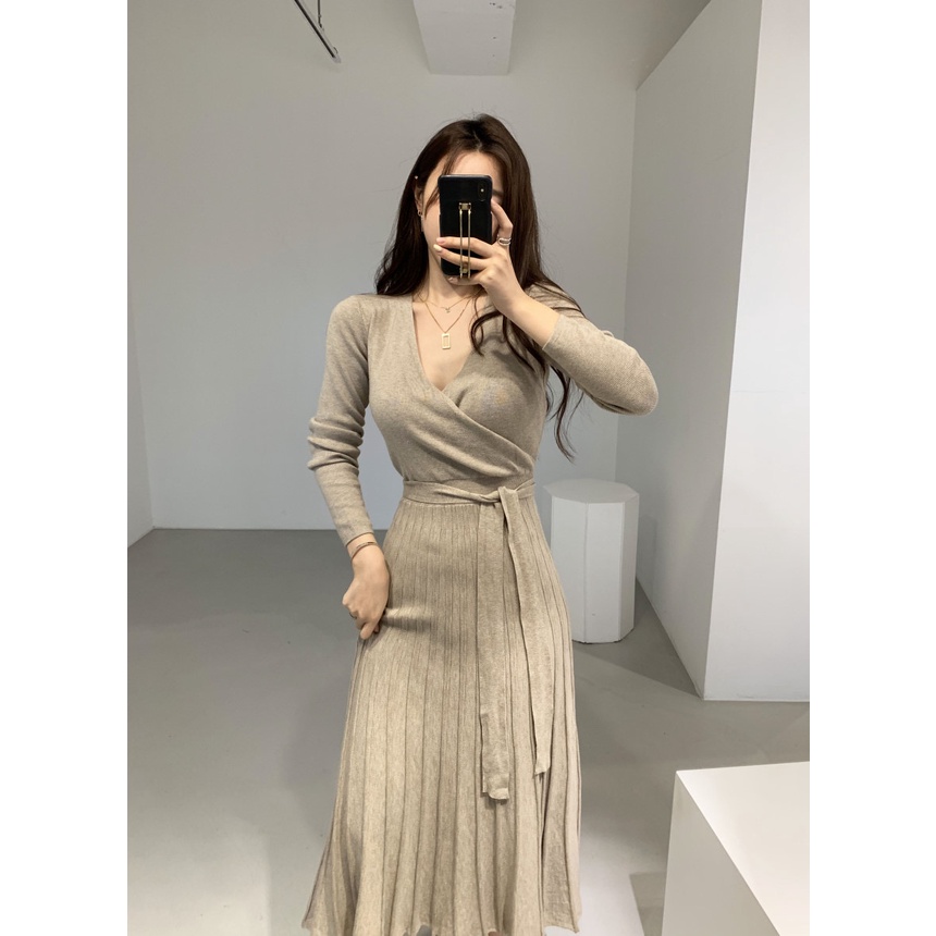 Váy len nữ dáng dài xếp ly thắt eo xinh xắn mẫu thu đông cô nàng tiểu thư nhẹ nhàng
