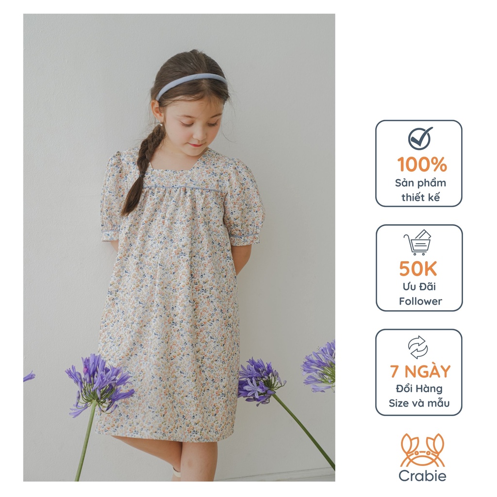 Đầm trẻ em CRABIE suông cộc tay cổ vuông buộc nơ lưng mùa hè - Emily dress - Hoa nhí vàng nền kem