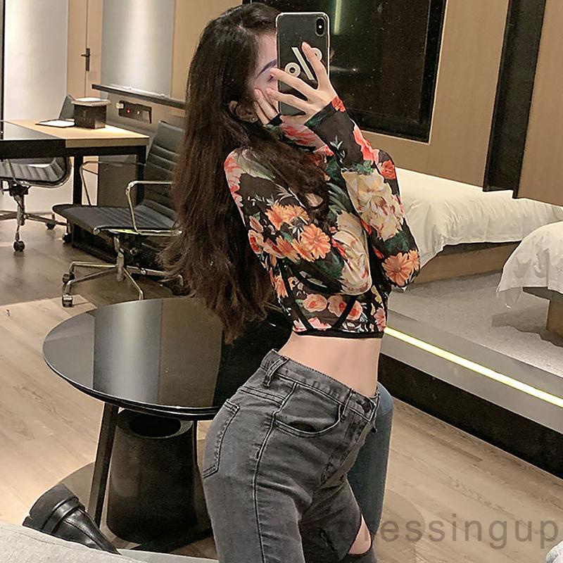 Áo croptop tay dài cổ vuông phối lưới in họa tiết hoa phong cách vintage cho nữ
