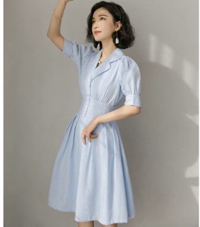 Đầm váy freesize SM sọc xanh bo eo