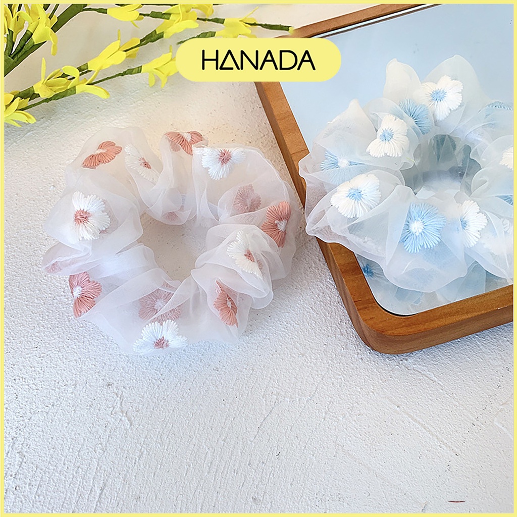 Cột Tóc Scrunchies Màu Pastel Xanh Hồng Dễ Thương Dây Buộc Tóc Vải Hình Hoa Thêu Hanada K4-V005