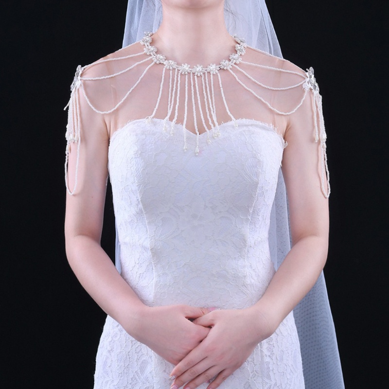 Vòng cổ Đeo Vai Tua Rua Đính Hạt Giả Ngọc Trai Cho Cô Dâu