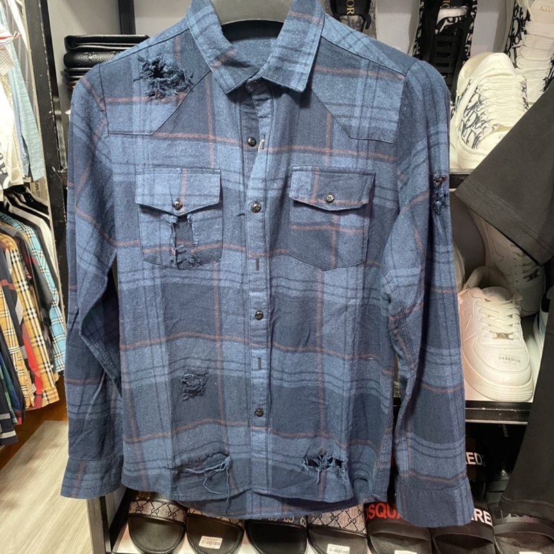 Áo sơ mi nam kẻ xanh rách gấu phối túi ngực 2385 thời trang, sơ mi nam hot trend siêu chất