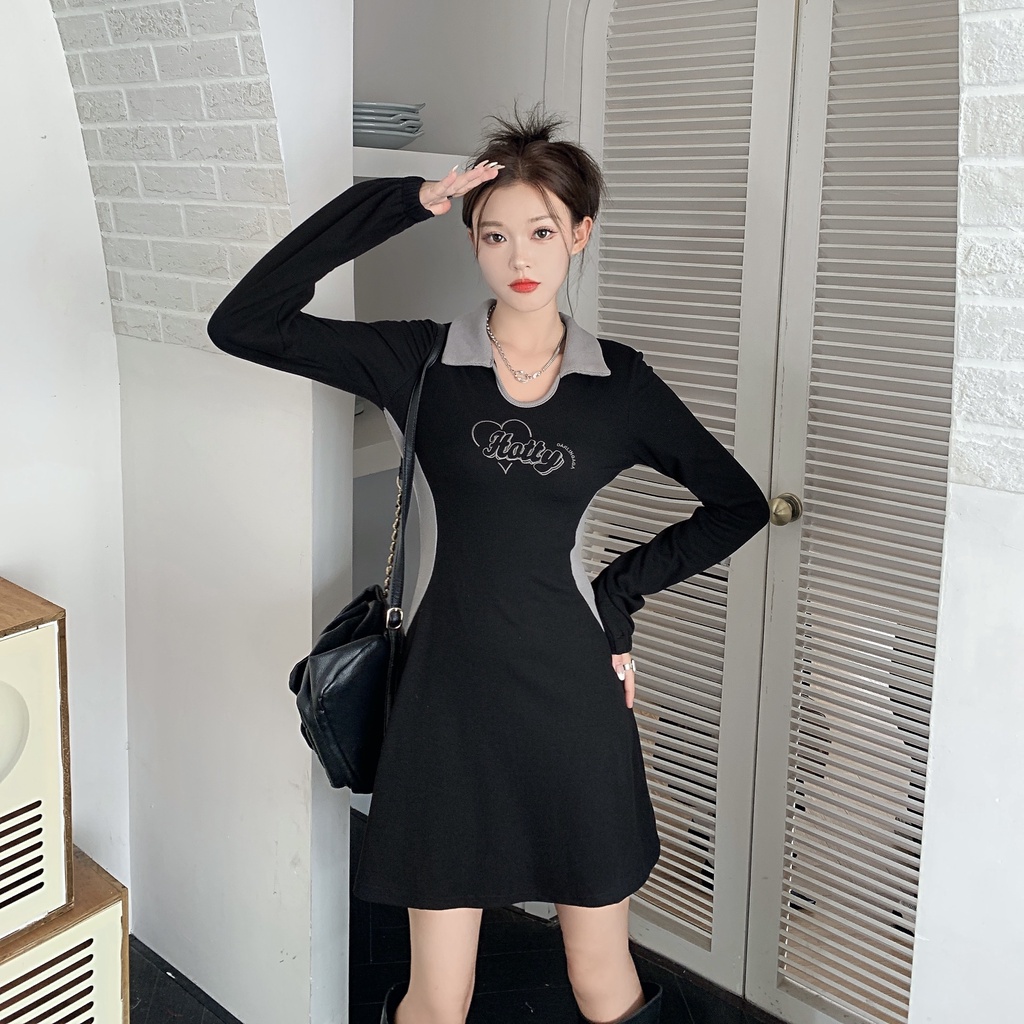 Đầm Chữ A Ôm Dáng Màu Tương Phản Thời Trang Hàn Quốc Cho Nữ