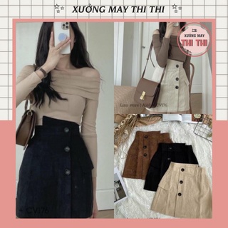 Quần sooc nữ giả váy Nhung Tăm, quần short giả chân váy ngắn cạp cao phối cúc V672 (có ảnh thật)
