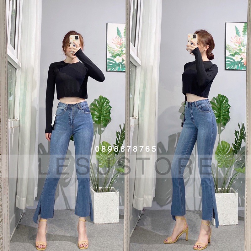 ẢNH TỰ CHỤP Quần Jeans loe trơn lai xéo cắt