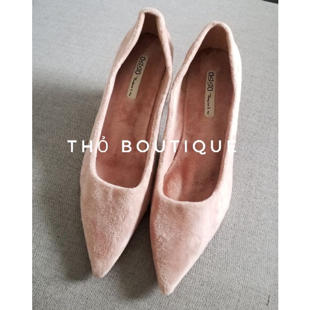 Giày cao gót chính hãng OSSO nhung lông thỏ màu hồng nude pastel 7cm size 38
