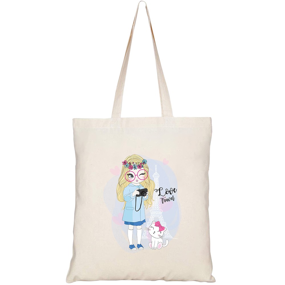 Túi vải tote canvas HTFashion in hình cute girl with cat HT126