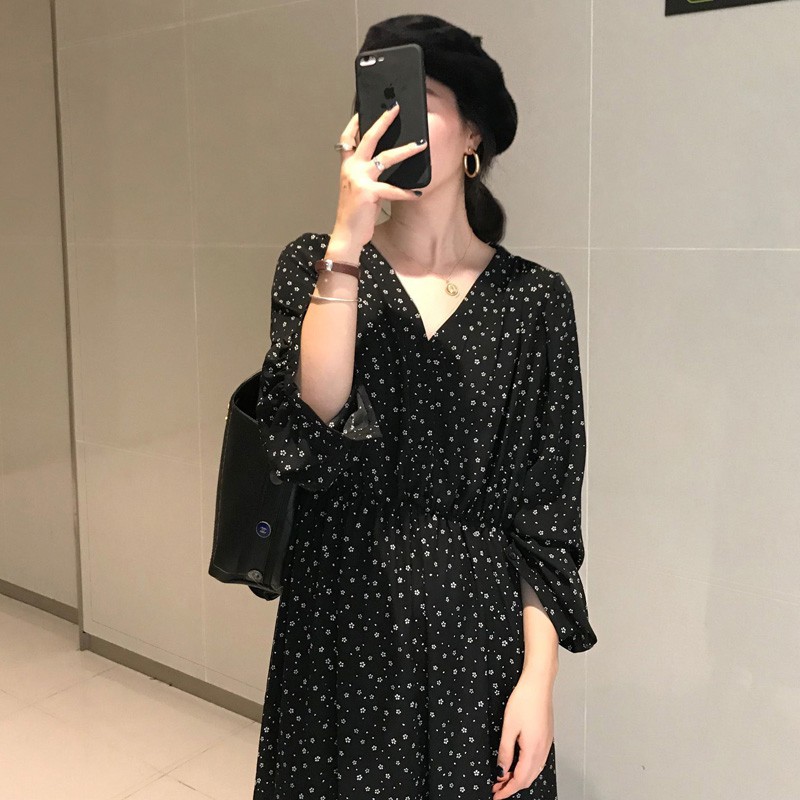 [CÓ SẴN] Đầm hoa nhí dáng dài cổ V dài tay bo chun eo vintage Hàn Quốc ulzzang | BigBuy360 - bigbuy360.vn