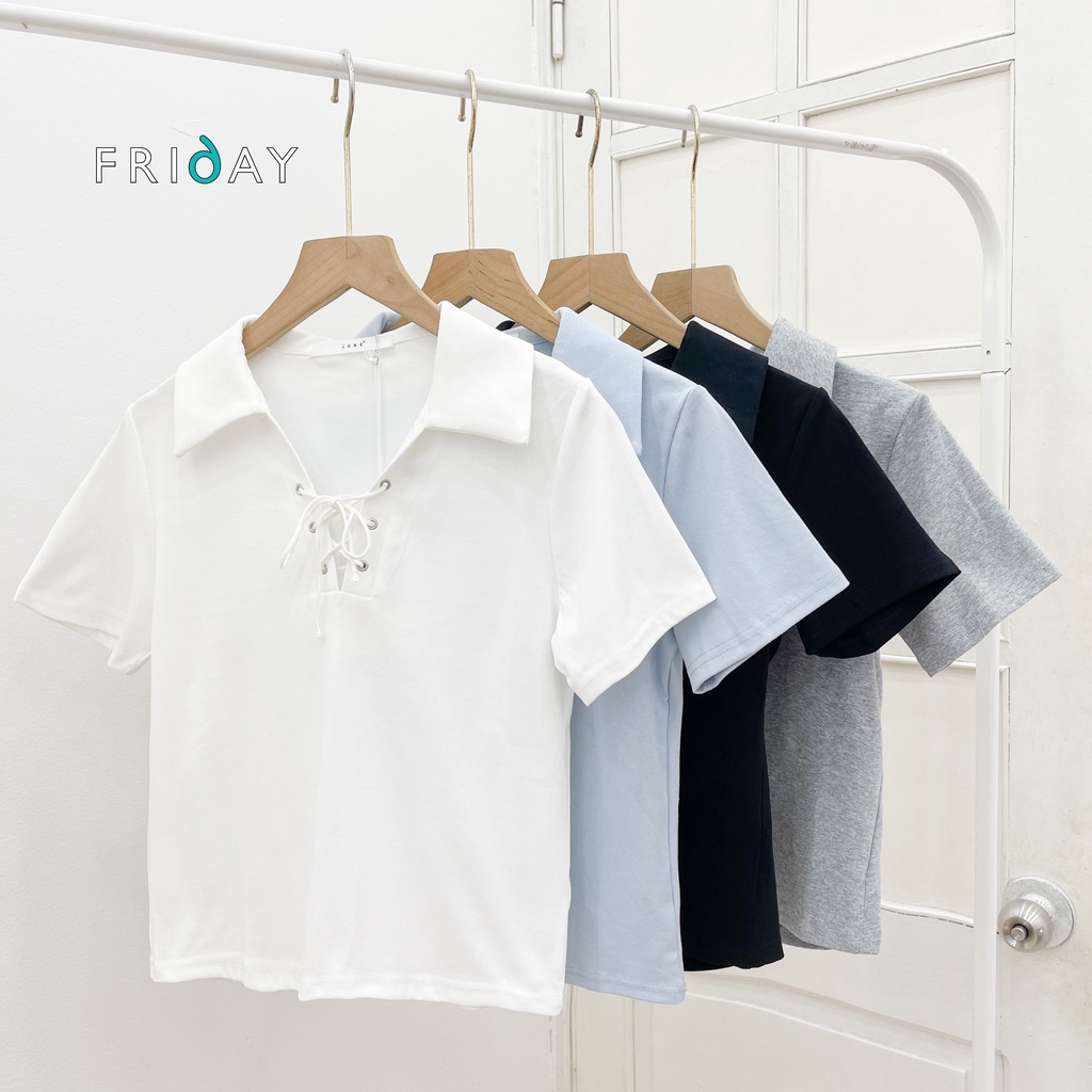 Áo polo basic Friday Hàn Quốc dáng lửng thêu chữ 2BC608A