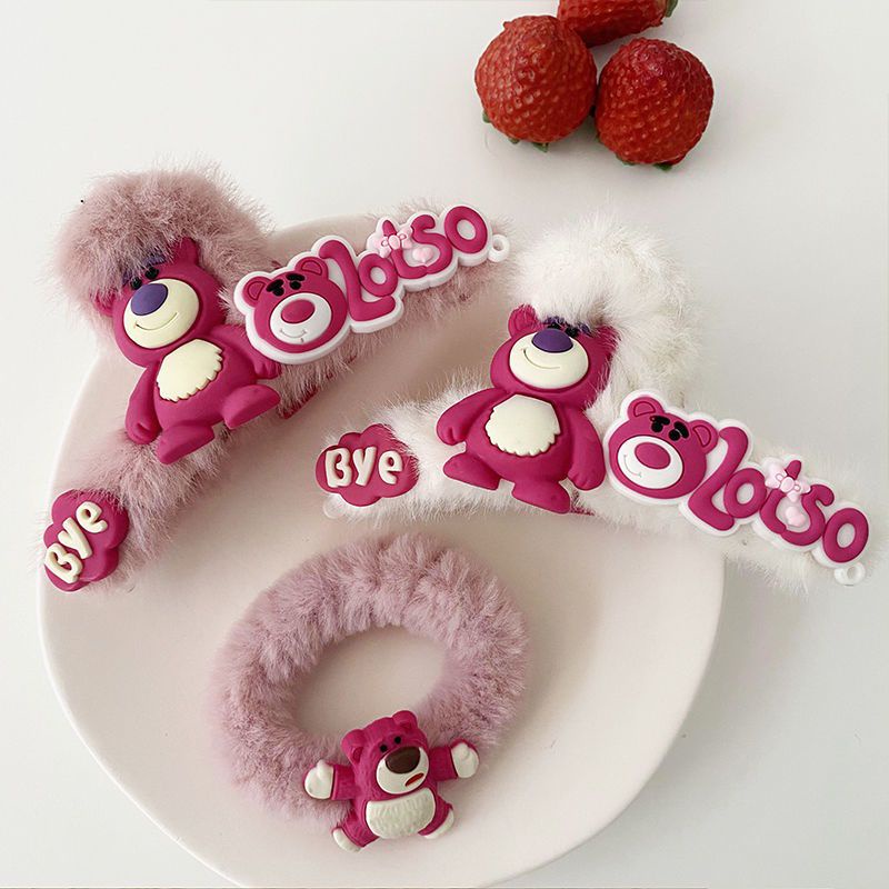 Kẹp tóc phủ lông sang trọng hình Gấu dâu tây phong cách Hàn Quốc