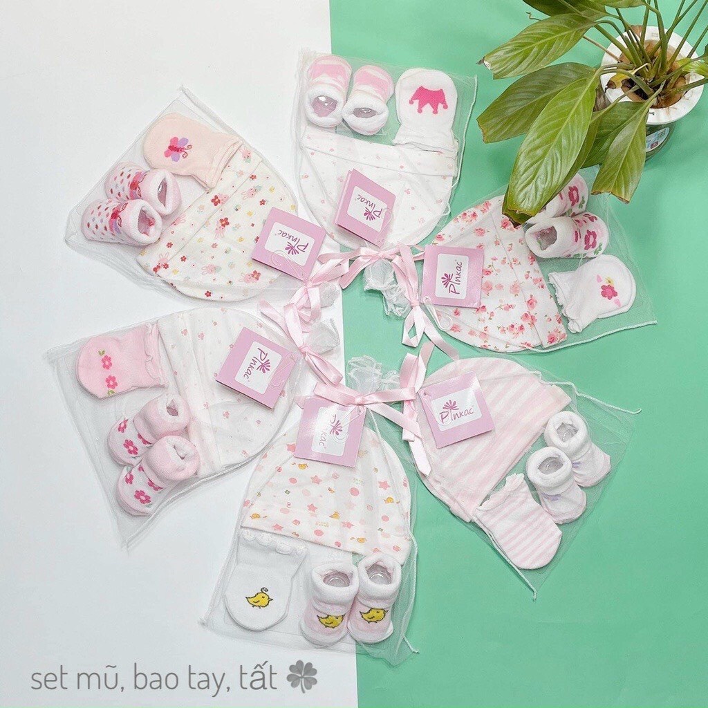 Set Mũ, Bao Tay, Bao Chân Cho Bé Sơ Sinh ( Loại Mới Túi Lưới)3.