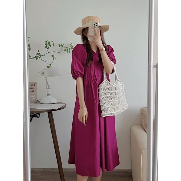 [Ảnh thật/Video]Đầm dáng dài Avenzer thiết kế xếp li phối hàng cúc nhẹ nhàng Váy dáng dài Hàn Quốc