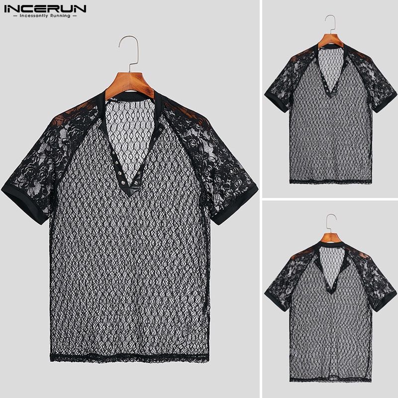 INCERUN Áo Lưới Xuyên Thấu Ngắn Tay Cổ V Gợi Cảm Cho Nam