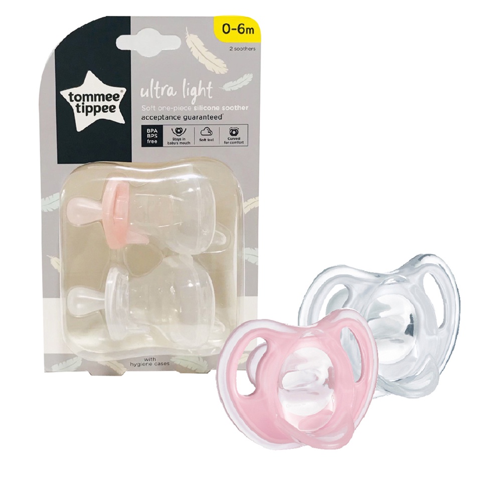 Ty ngậm silicon siêu nhẹ cho bé Tommee Tippee Ultra Light 0-6 tháng (vỉ đôi) - Hồng/Trắng