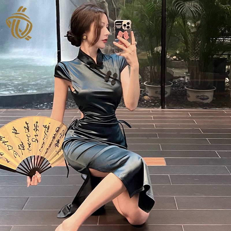 Sexy hollow-out waist drawstring improved cheongsam dress feminine French temperament slimming dress
