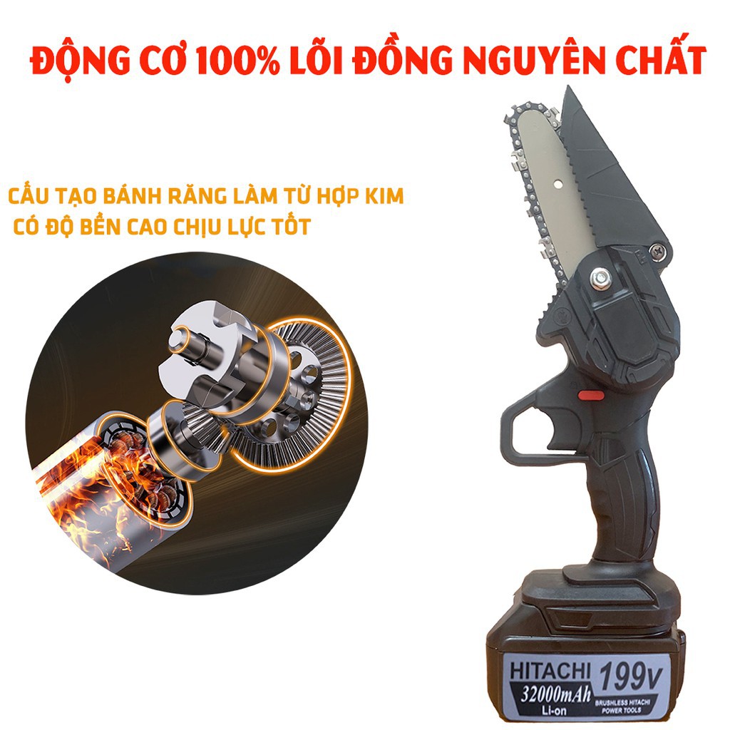 Máy Cưa Xích Pin Cầm Tay HITACHI 199V- Máy cưa xích - Cưa xích chạy pin- 2 Pin 10 cell - Lõi đồng 100%