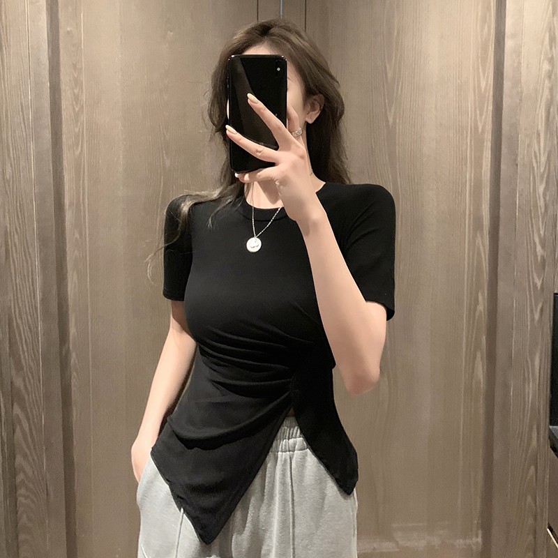 Cocory vn  Áo Croptop Tay Ngắn Cổ Tròn Thiết Kế Độc Đáo Hợp Thời Trang