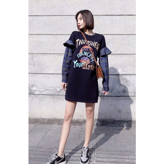 Váy Cotton Nỉ Pha Tay Sơ Mi Kẻ Ca Rô Phom Suông Dáng Trẻ Trung Năng Động - Thời Trang Nữ Thu Đông