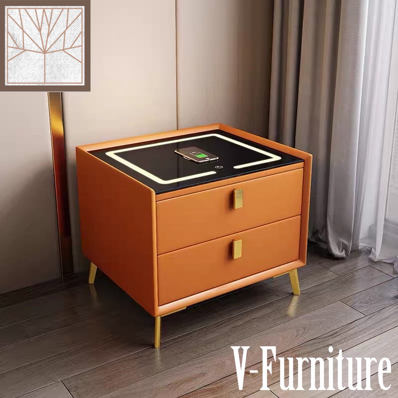 Táp đầu giường 2 ngăn bọc da có đèn LED cảm ứng và sạc không dây thông minh