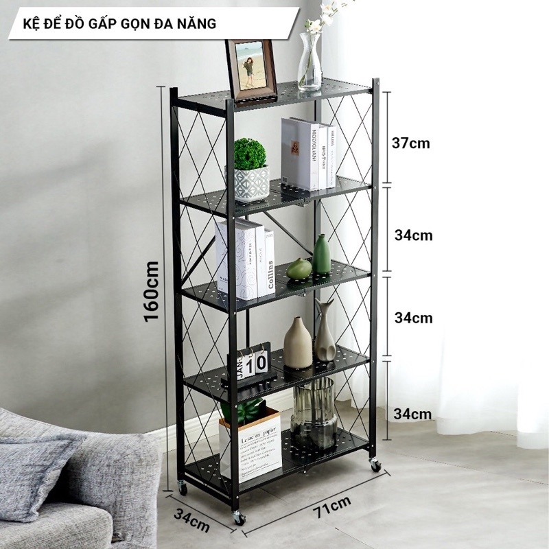 Kệ sắt 5 tầng đa năng gấp gọn kèm bánh xe dễ dàng di chuyển
