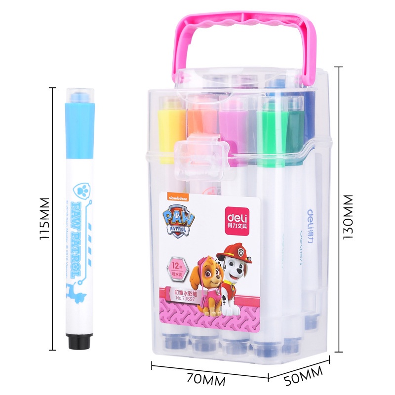 Bút màu nước hộp nhựa quai xách Deli họa tiết chó cứu hộ - 12 màu/24 màu/36 màu - 70697/ 70698/ 70699