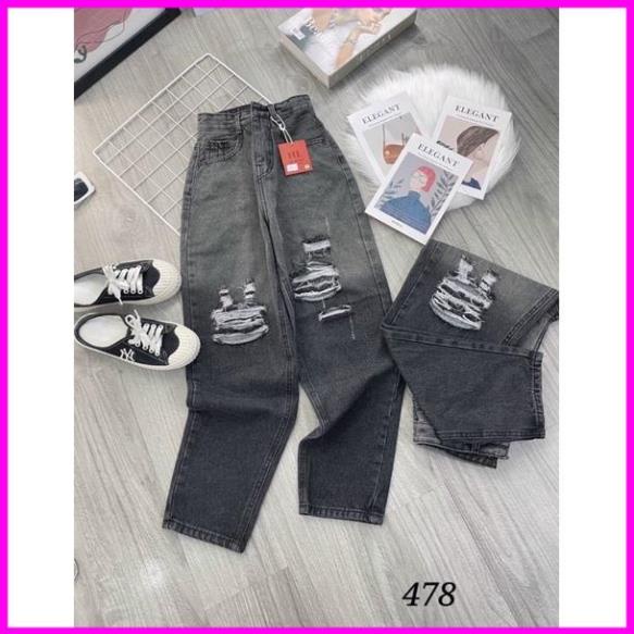 Quần jean baggy nữ rách 2 bên màu xám loang mẫu mới HeLi Jeans