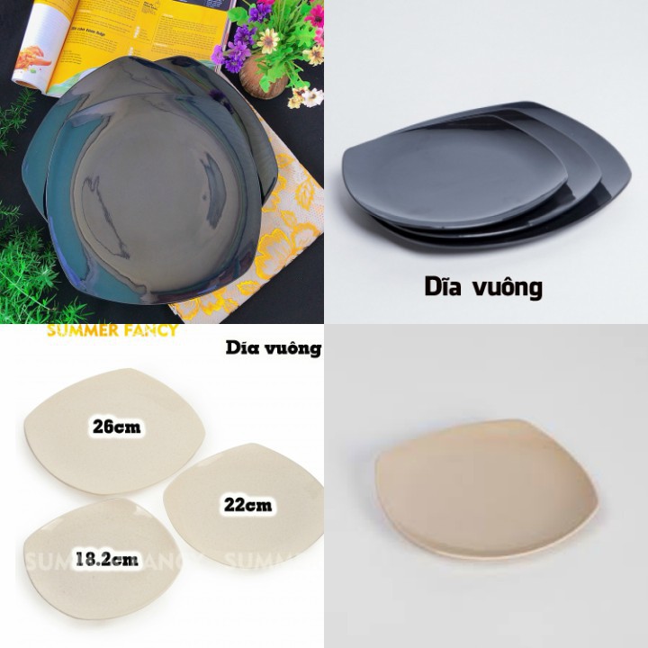 dĩa vuông 18.0 x 2.2 cm chữ nhật melamine màu đen, nâu kem , xanh lá  - Plastic Flowe dish SF-DV05