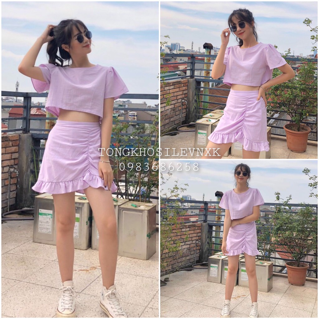 (VNXK) SET ÁO ĐŨI CROPTOP TÍM MIX CHÂN VÁY NỮ MÀU TÍM ĐUÔI BÈO - CHÂN VÁY ĐŨI ĐUÔI CÁ DÚM CHUN BÈO TÍM