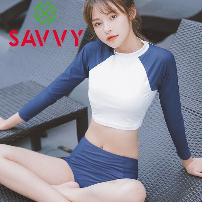 Bộ bikini, đồ bơi nữ đi biển 2 mảnh dài tay quần chip màu xanh Hàn Quốc SAVVY swimsuit cao cấp