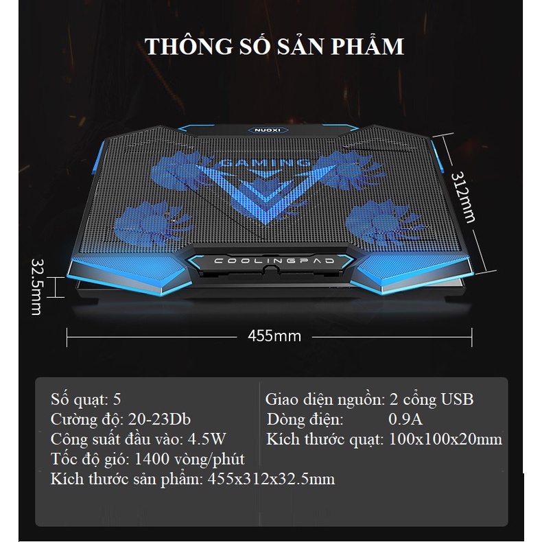 Đế Tản Nhiệt Laptop Cao Cấp Làm Mát Siêu Nhanh Với 5 Quạt Tản Nhiệt Nox