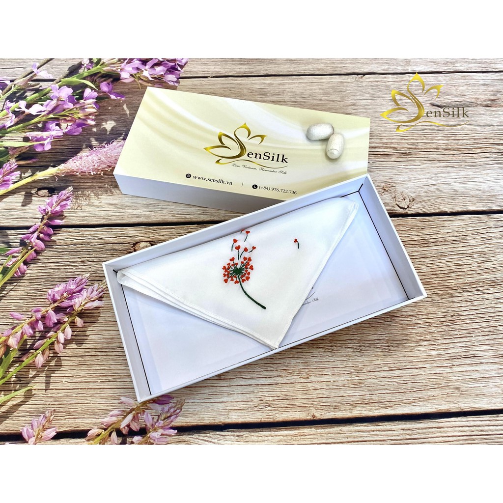 Khăn tay lụa thêu Bồ Công Anh Tim SenSilk 35x35cm, Quà kỷ yếu độc đáo