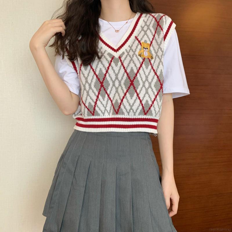 Áo dệt kim sát nách cổ chữ V phối màu sắc tương phản phong cách retro thời trang dành cho nữ