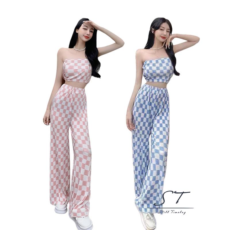 Set Đồ 2 Món Áo Ống Không Tay Quần Dài Rộng Họa Tiết Sọc Caro Cho Nữ