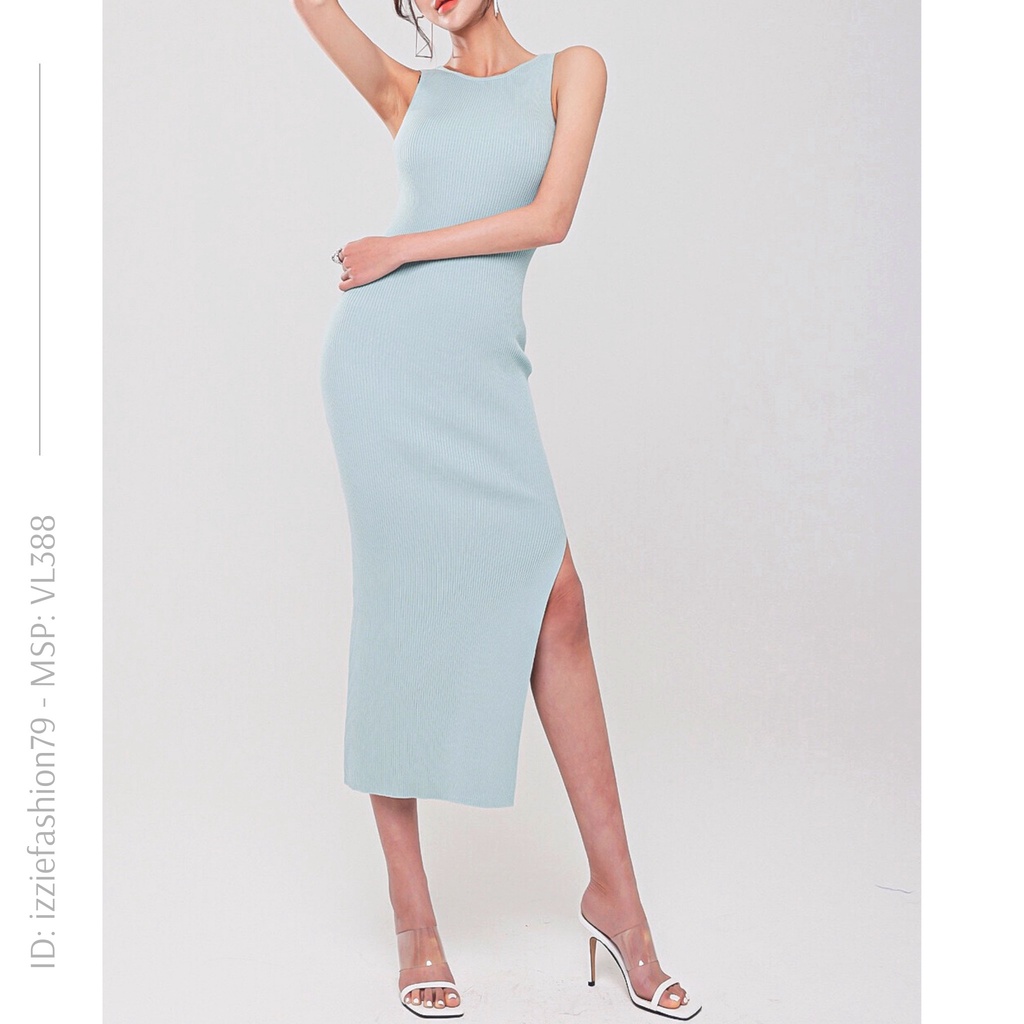 Váy body len đanh dệt kim đầm dáng body xẻ tà Izzie VL388 xoắn nơ mặc hai kiểu trước sau | BigBuy360 - bigbuy360.vn