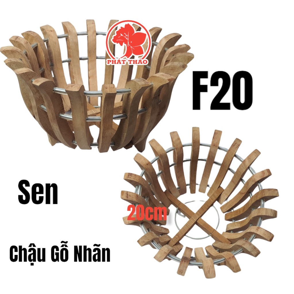 Chậu gỗ trồng lan F20cm - mẫu Sen - GỖ NHÃN Tặng lưới và móc treo