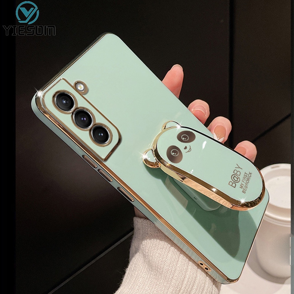 Ốp Điện Thoại Silicon Mềm Có Giá Đỡ Hình Vuông Mạ Màu Hoạt Hình Cho Samsung Galaxy S22 S21 Ultra S22 Plus S21 FE S21+