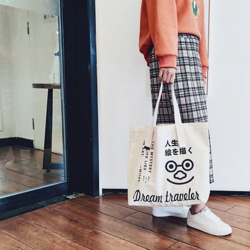 Túi Xách Canvas Sức Chứa Lớn Đa Năng In Chữ Thời Trang Phong Cách Hàn Quốc Cho Nữ
