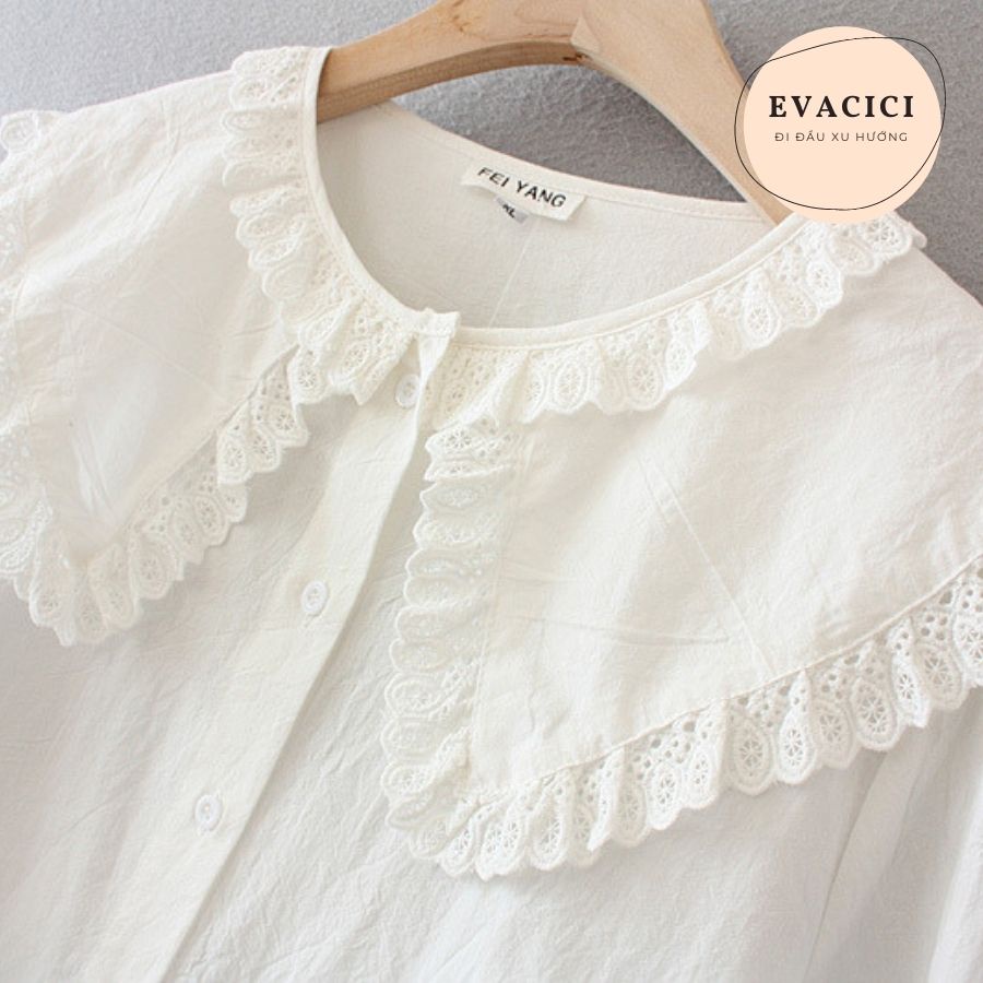 Áo sơ mi cổ 2 bèo viền ren độc đáo. Áo babydoll dài tay bồng chất mát