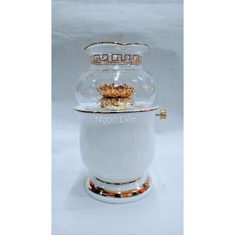Đèn dầu sứ trắng cao cấp viền vàng