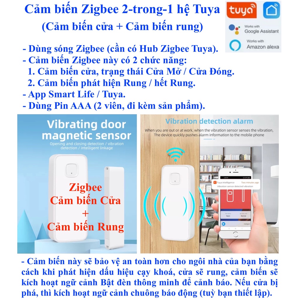 Cảm biến cửa, cảm biến rung thuộc Hệ sinh thái Tuya, kết nối Wifi/ Zigbee, App Smart Life/ Tuya -