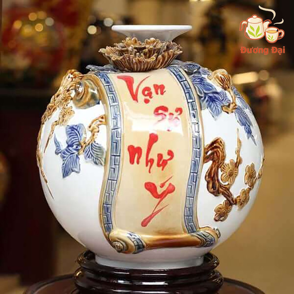 Bình Hút Lộc, Bình Hút Tài Lộc Vạn Sự Như Ý Gốm Sứ Bát Tràng Đương Đại + Tặng Kèm Đế Gỗ Hương