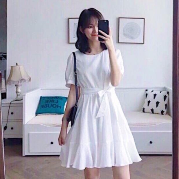 X2 Đầm trắng đuôi cá cột eo váy ngắn xòe cổ tròn dây thắt nơ lưng dự tiệc (kèm hình thật)