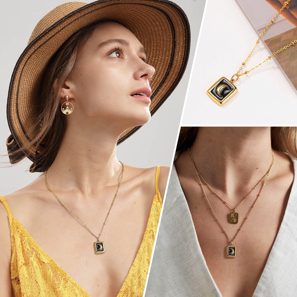 Vnox Vòng cổ Mặt Trăng Tráng Men Màu Vàng Kim Tráng Men