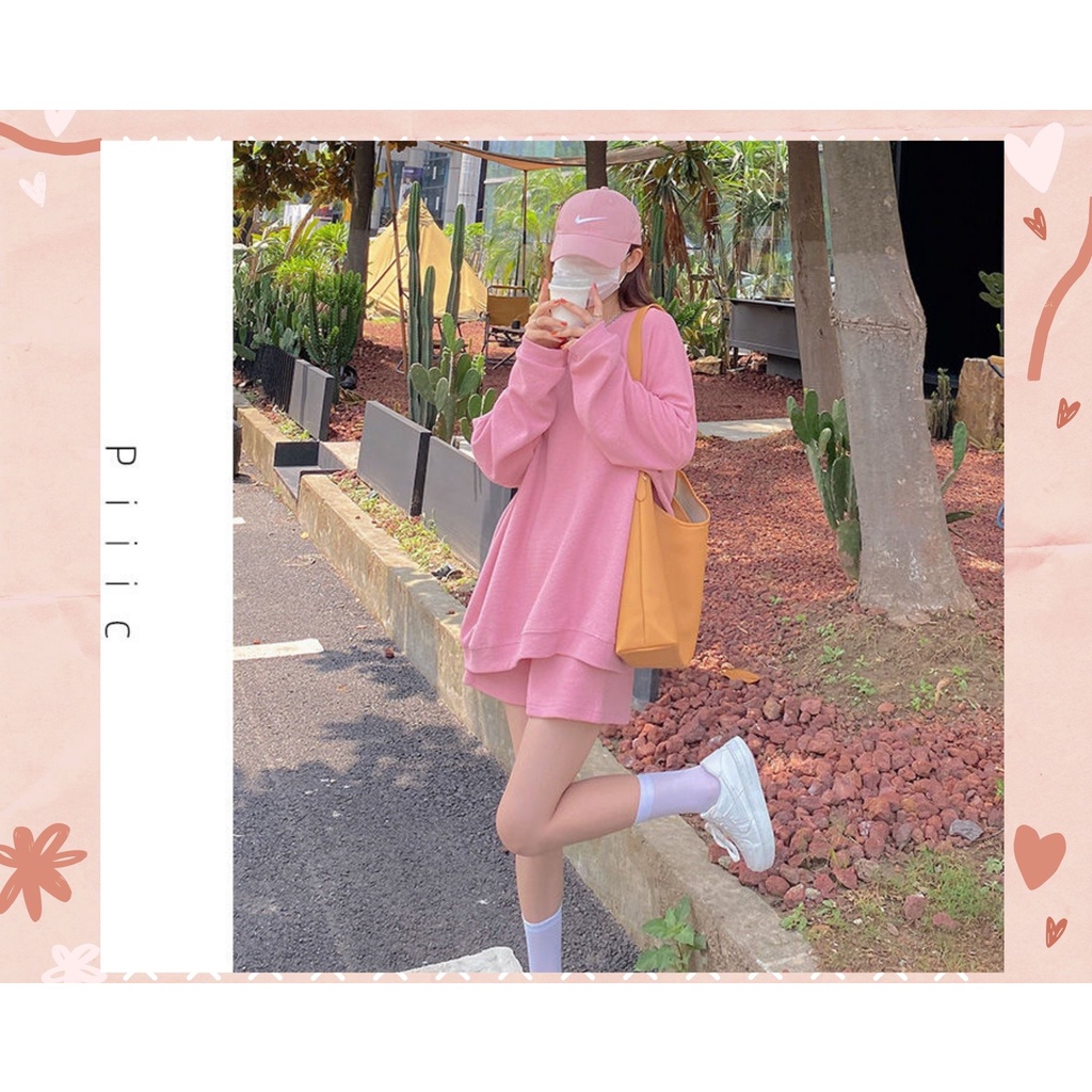 bộ đồ nỉ quần đùi+áo dài tay màu hồng siêu cute